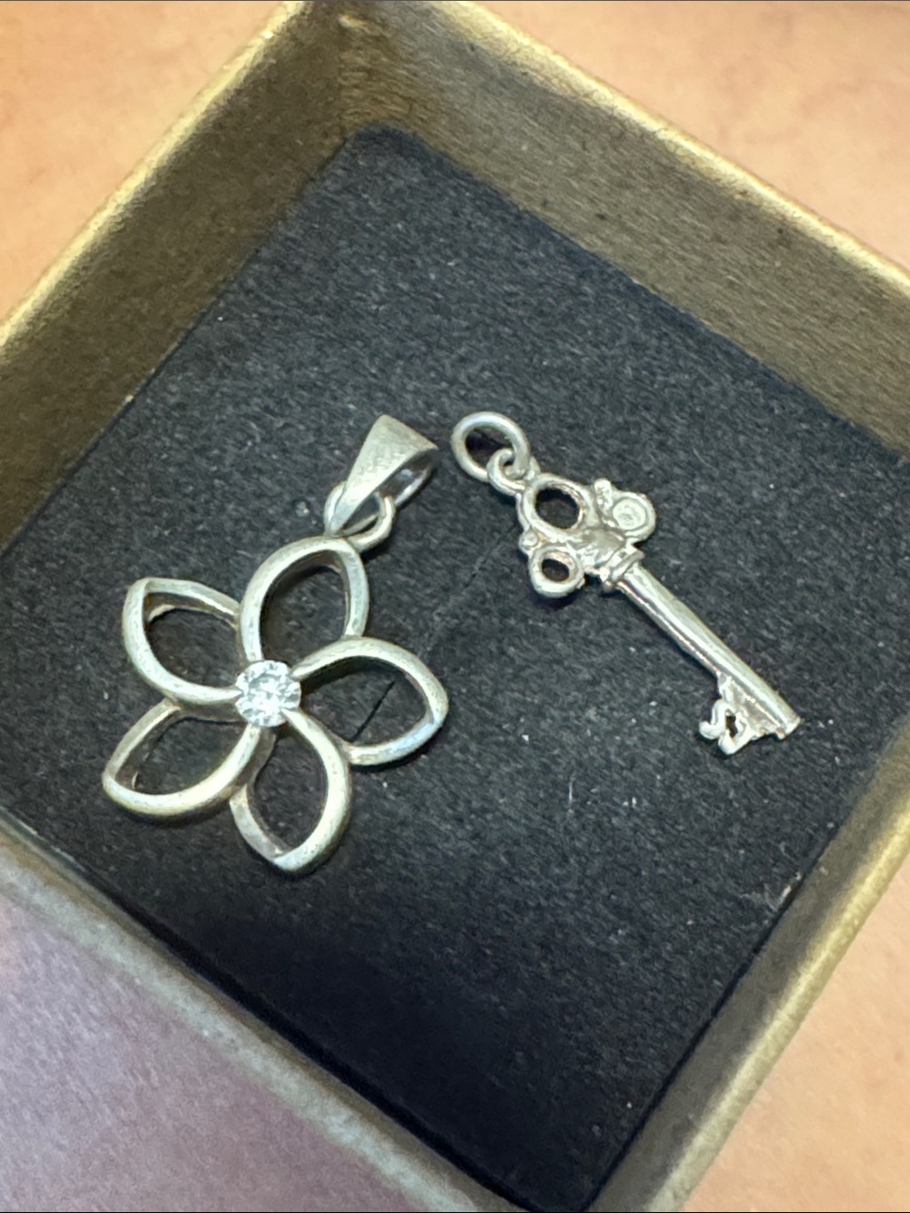 Sterling Silver Floral Pendant with Key Charm - Silver